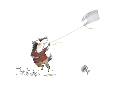 Badger flying ‘kite’, Gus Gordon Illustration, Print for Sale