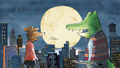 Herman and Rosie in front of moon, Gus Gordon Illustration, Print for Sale